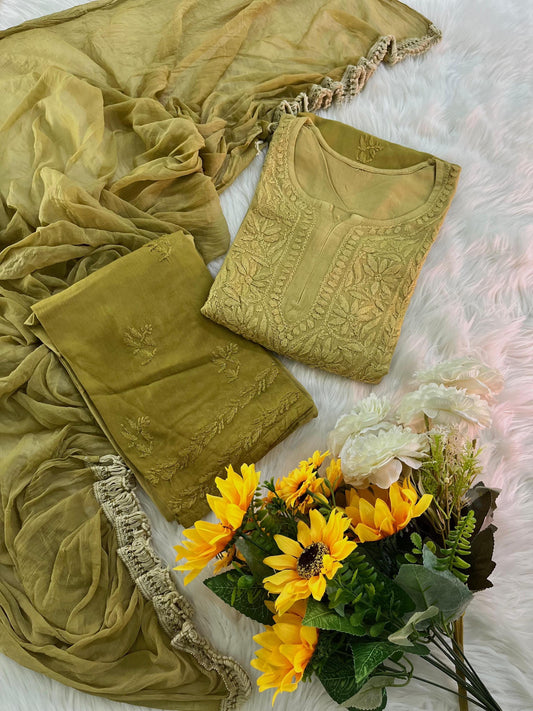 Chikankari Double Shade Kurta Set Olive Rayon Ghaspatti Embroidery with Palazzo and Dupatta