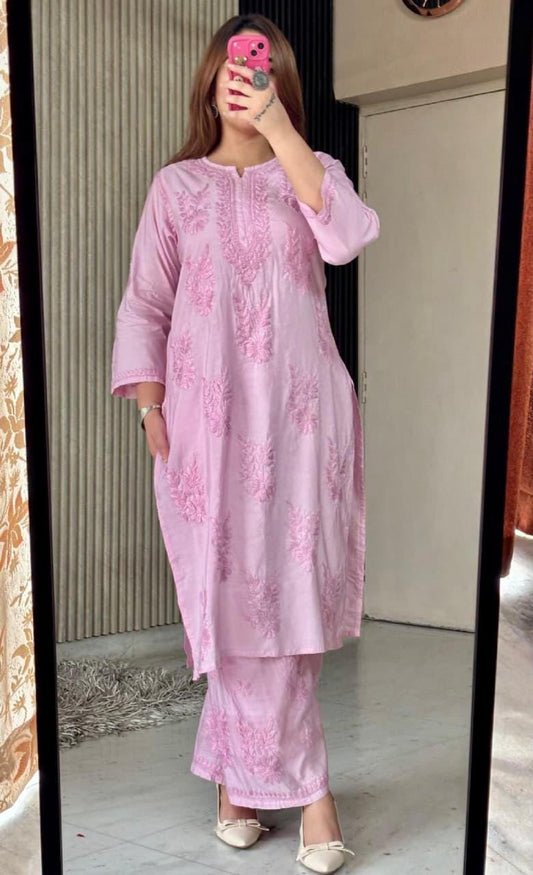 Chikankari Cord Set: Hand Embroidered Dyed Mal Chanderi Kurti and Plazo Ghasspatti Work Pastel Women's Ethnic Wear