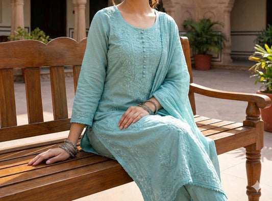 Chikankari Kurta Set Hand-Embroidered Dobby Cotton Indian Wear S-XL Heritage Art Traditional Outfit