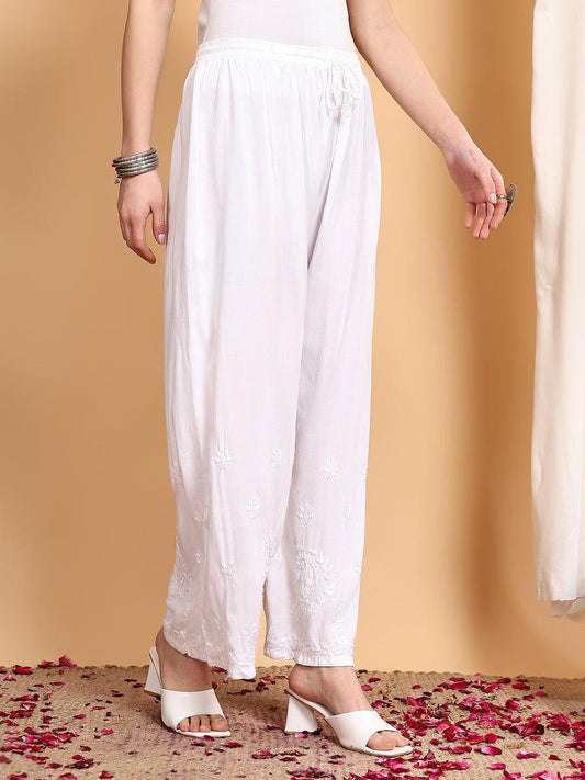 Hand Worked Chikankari Palazzo | Rayon Embroidered Pants | Free Size Ethnic Wear | Lucknow Embroidery | Artisan Crafted