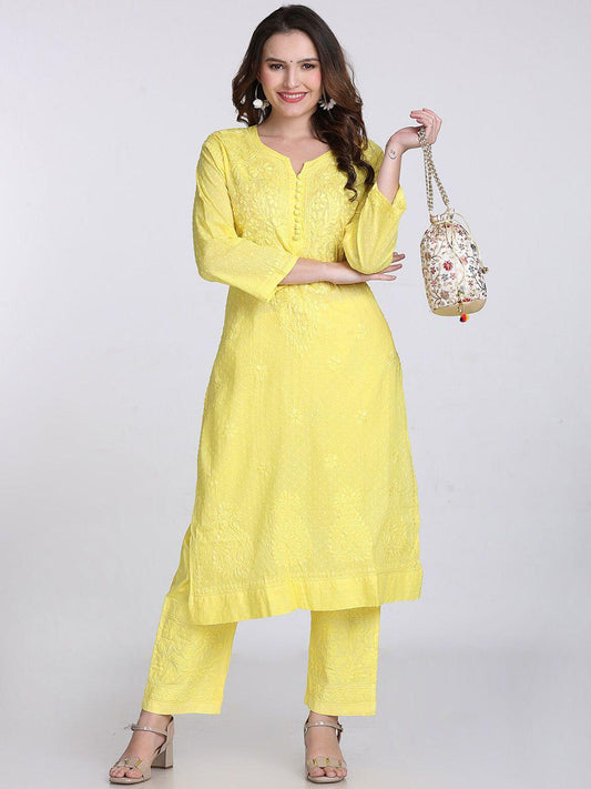 Chikankari Cotton Kurti Pant Set | Handmade Lucknowi Chikan Embroidery 2 Pc Indian Ethnic Suit | Women Boho Kurta Co-ord Set Gift for Her