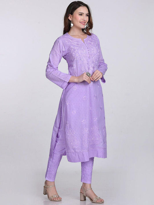 Handmade Lucknow Chikankari 3 Piece Set Dobby Cotton Kurti 46 Inch Length 3/4 Sleeve Stretchable Lycra Trouser Pockets Plus Size Ethnic Suit