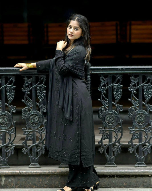 Black Mukaish Kurti Set 3 Piece | Hand Embellished Rayon Suit from India, Traditional Indian Dress with Dupatta, Gota Patti Work Ethnic Wear