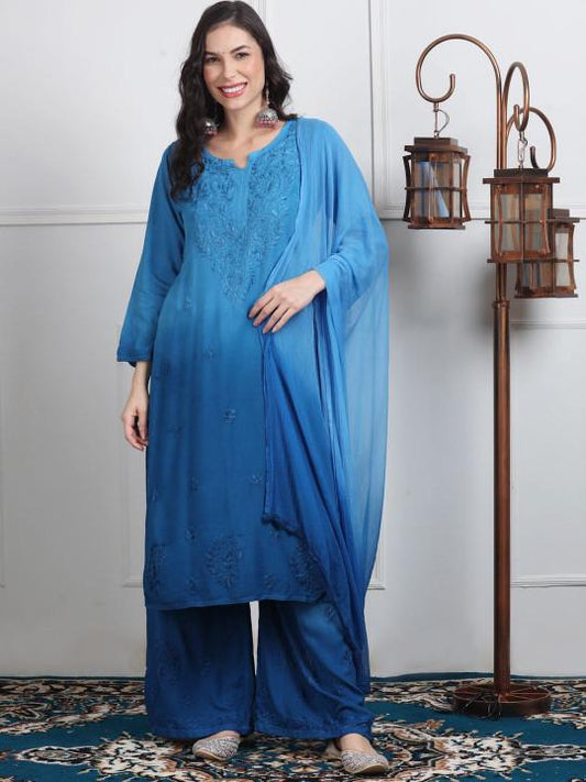 Ombre Chikankari Kurti Palazzo Dupatta Set | Handmade Rayon Cotton Chikan Embroidery Indian Ethnic Suit | Women Festive Wedding Co-ord Gift