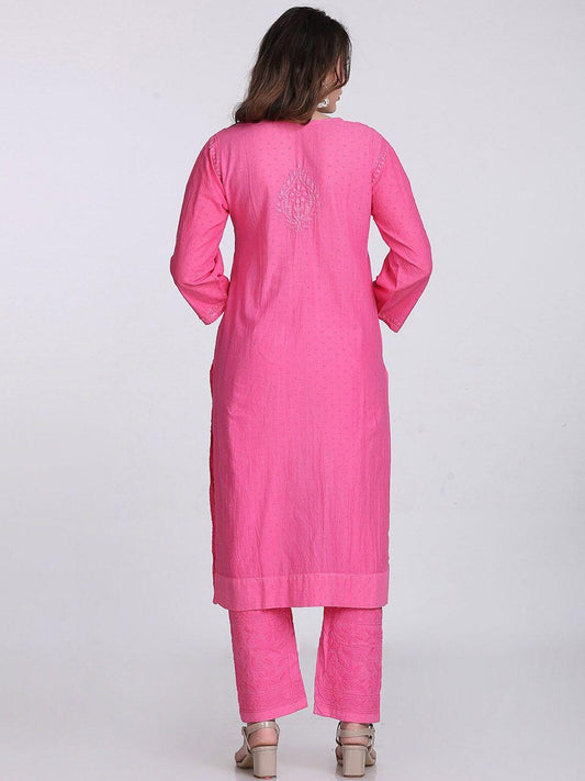 Handmade Lucknow Chikankari 3 Piece Set Dobby Cotton Pink Kurti 46 Inch Length Stretchable Lycra Trouser Pockets Plus Size Ethnic Suit