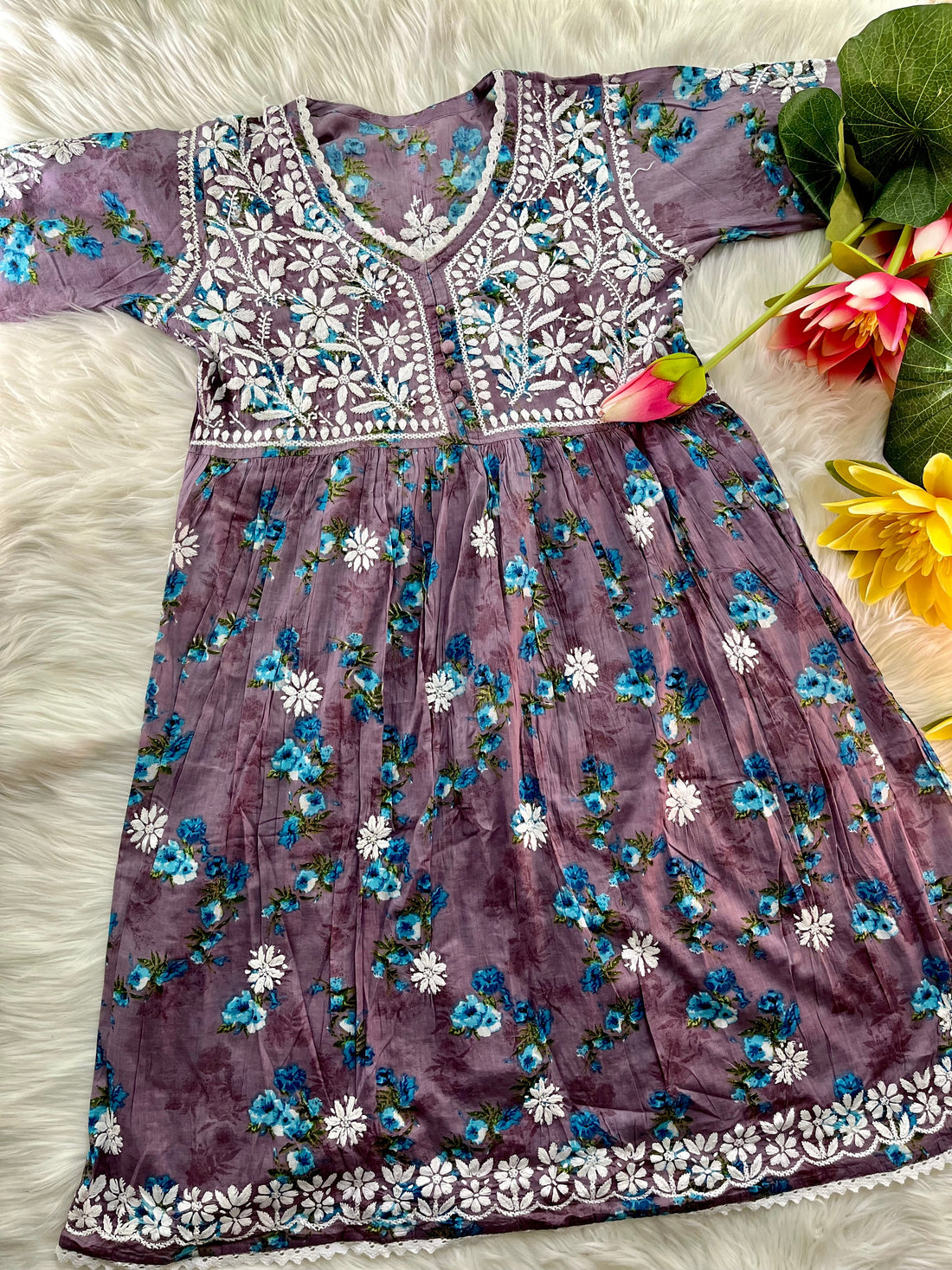 Premium Mul Gown & Pant with Lace Duo - Chikan Diaries