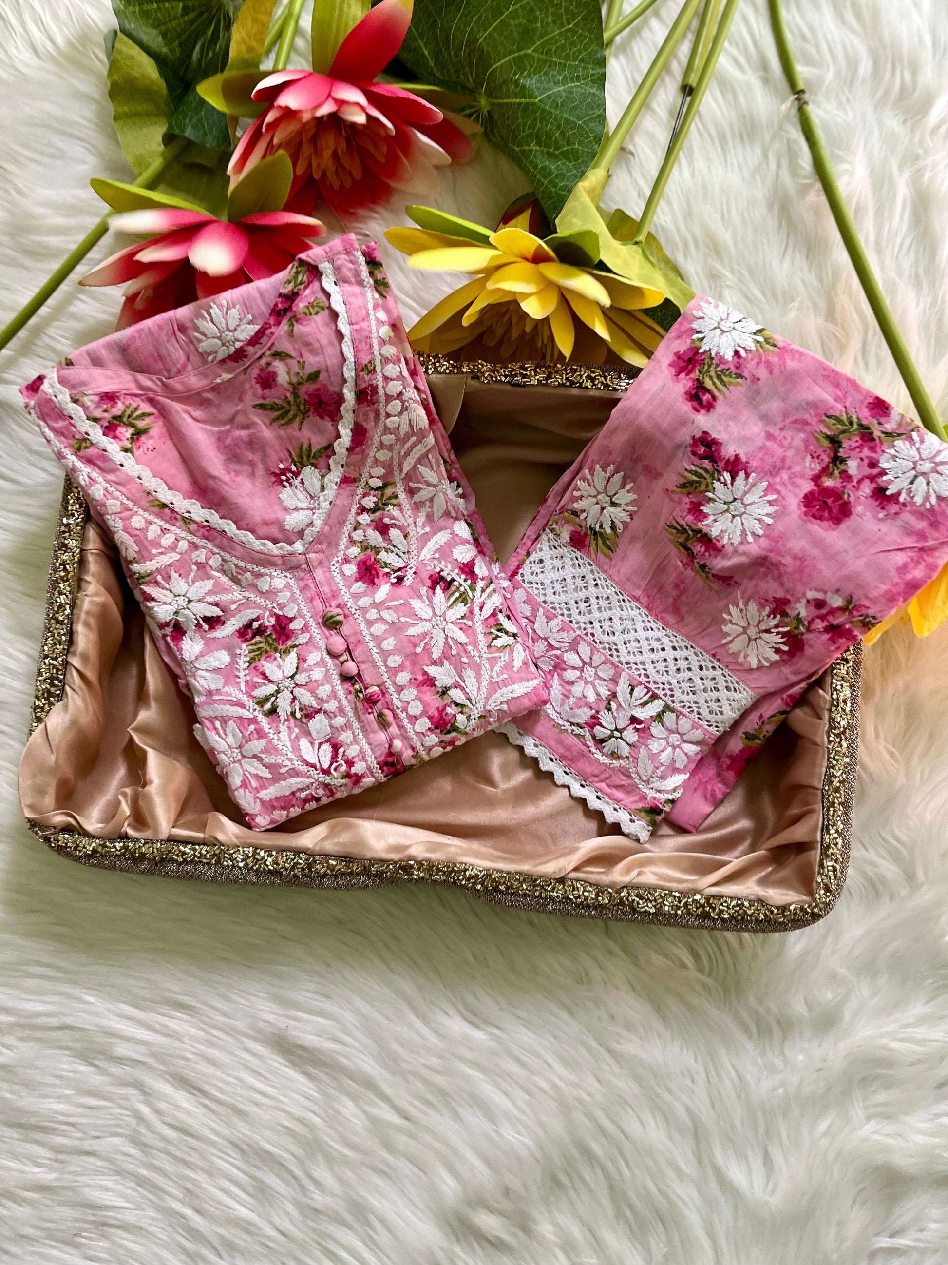 Premium Mul Gown & Pant with Lace Duo - Chikan Diaries