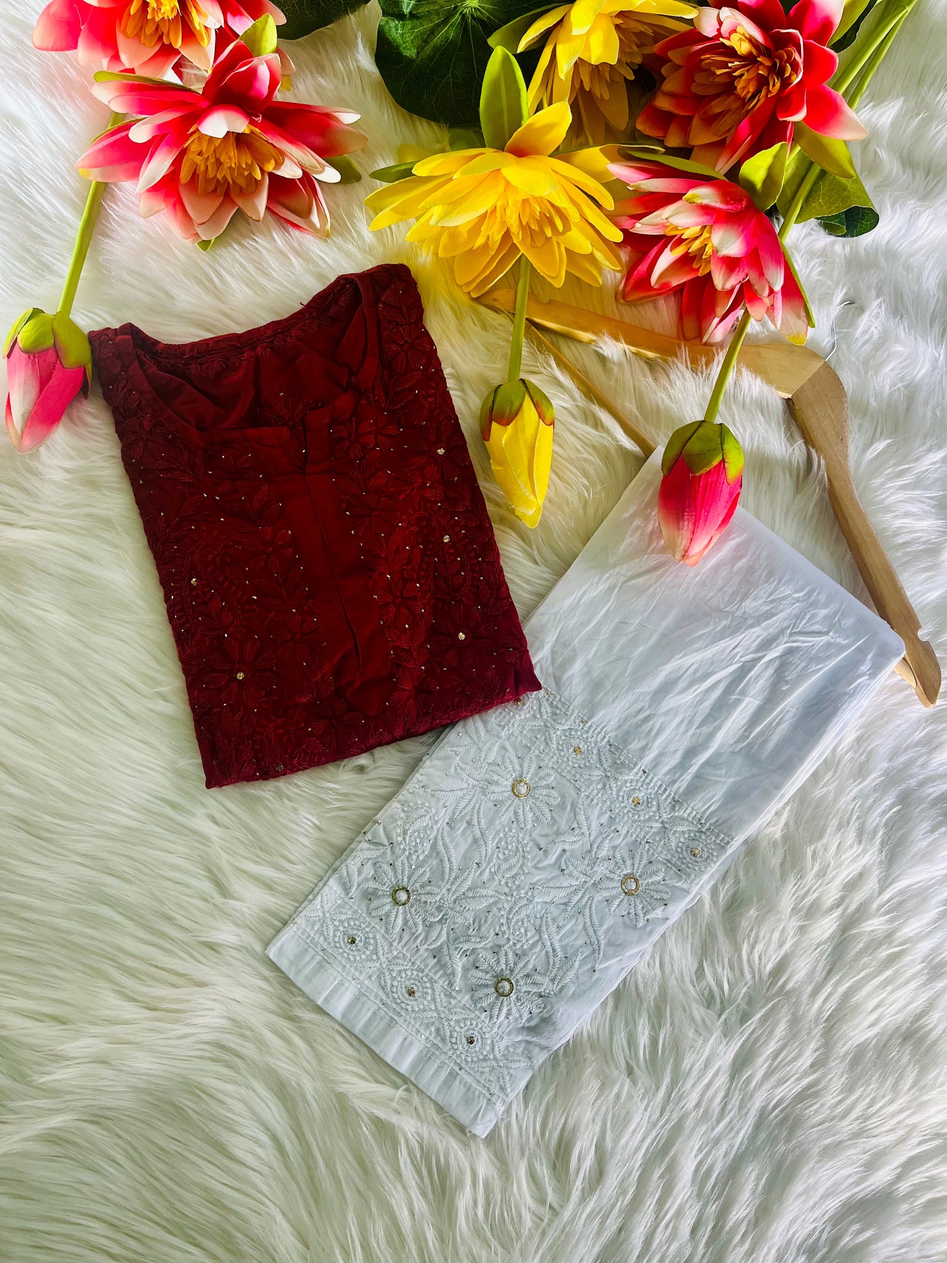 Premium Ryon Kurti with Mukaish-Embroidered Pant Set - Chikan Diaries
