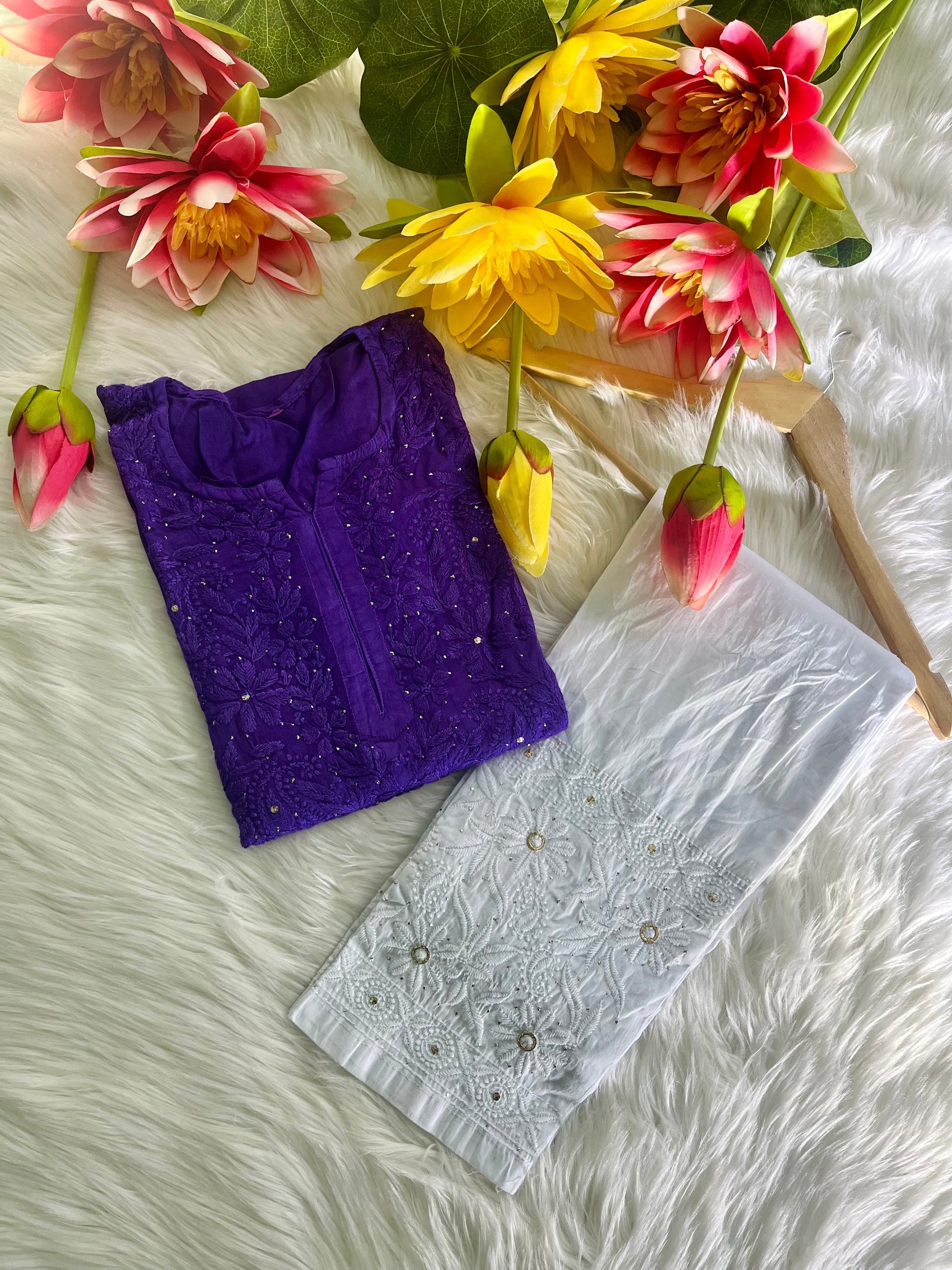 Premium Ryon Kurti with Mukaish-Embroidered Pant Set - Chikan Diaries