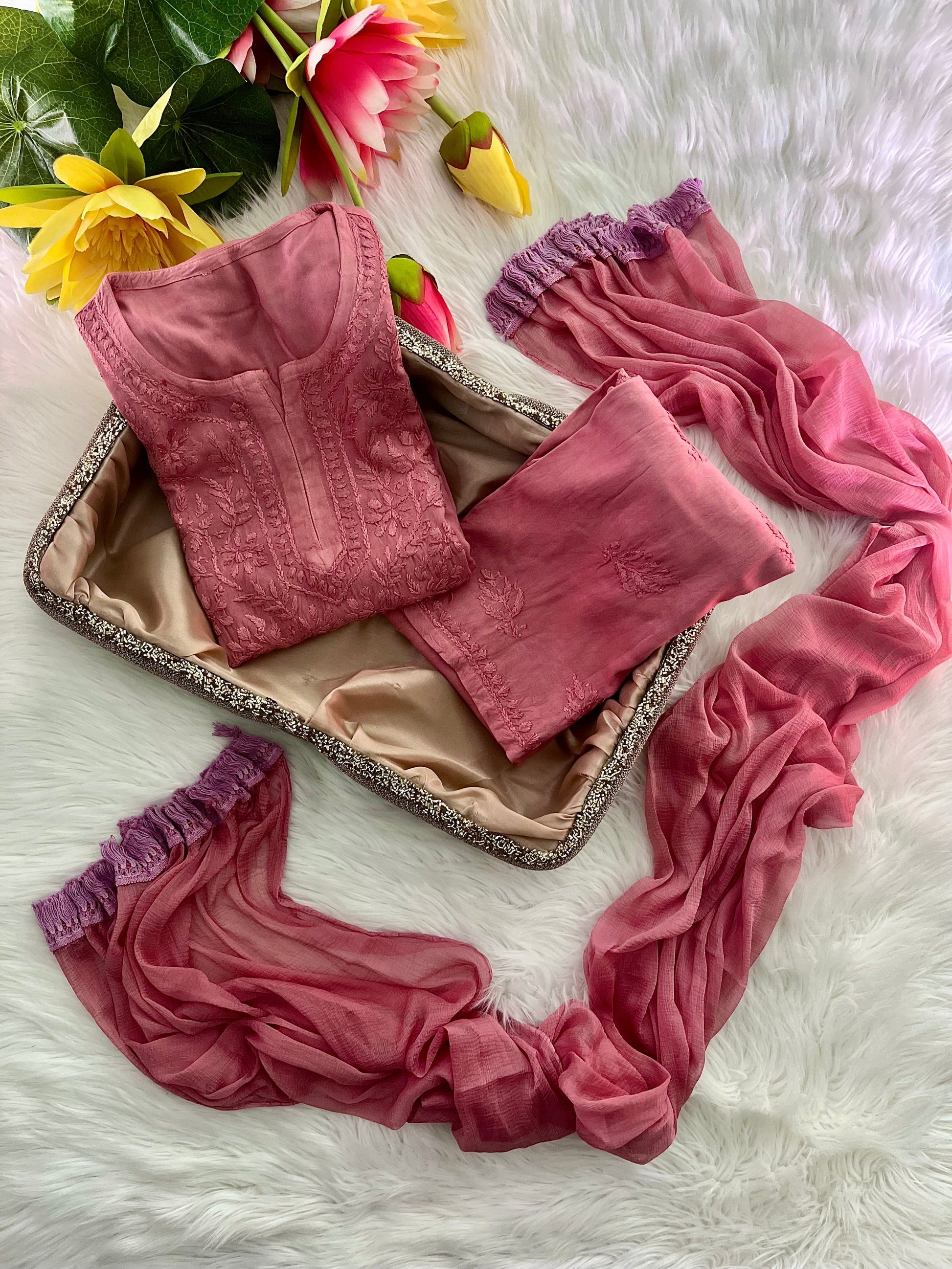 Rayon Dyed Cord Sets with Dupatta - Chikan Diaries