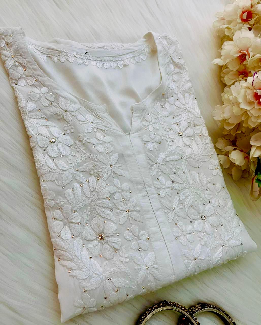 Safeda Premium Modal Mukaish Embroidered Kurti - Chikan Diaries