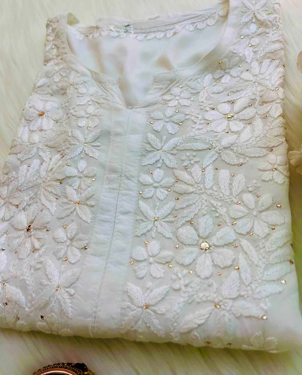 Safeda Premium Modal Mukaish Embroidered Kurti - Chikan Diaries