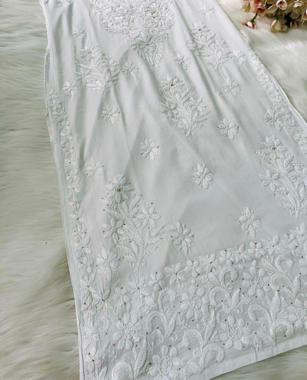 Safeda Premium Modal Mukaish Embroidered Kurti - Chikan Diaries