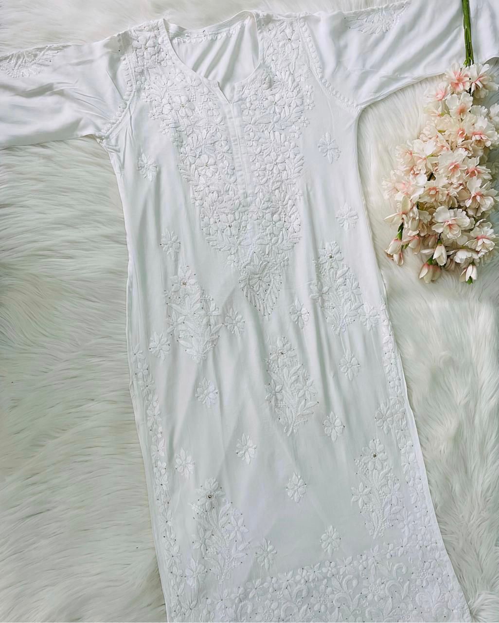 Safeda Premium Modal Mukaish Embroidered Kurti - Chikan Diaries