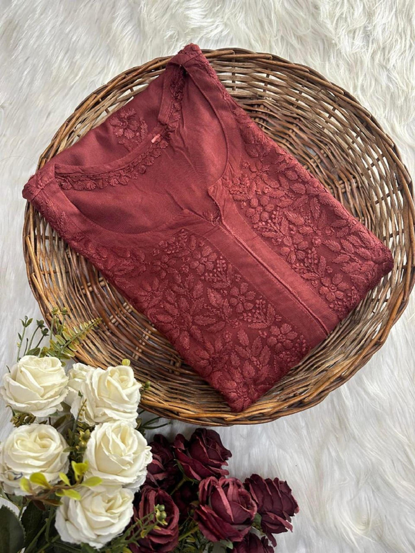 Chikan Kurti Deep Maroon Rayon Top: