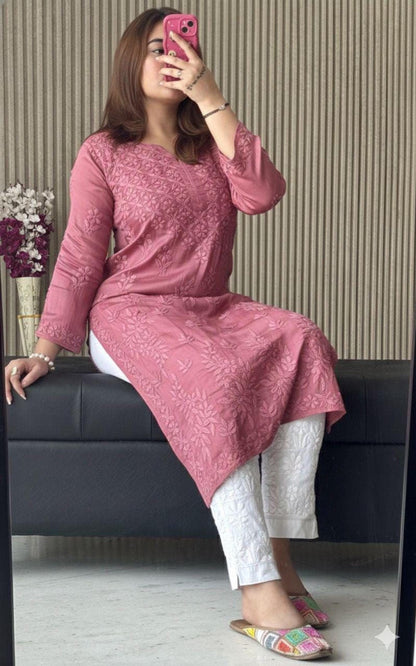 Lucknowi Chikankari Modal Satin Kurti, Heavy Work Designer Tunic, Hand Embroidered Women's Top