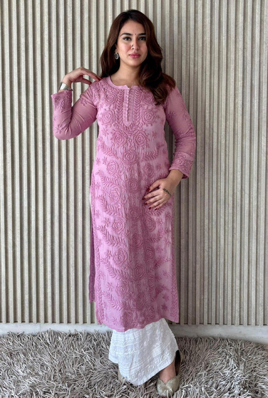 Chikankari Kurti Set Pink: 3D Rose Embroidered Viscose Rayon with Pleated Palazzo Pant