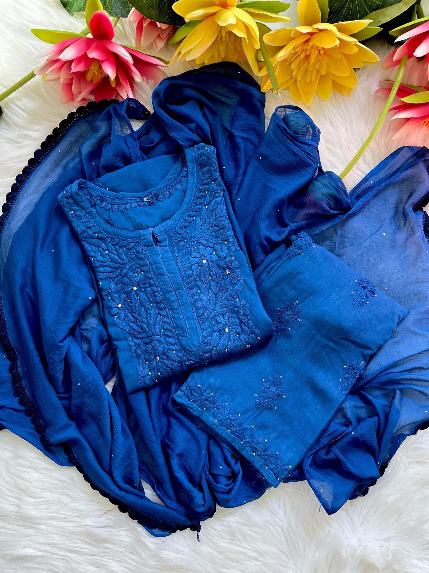 Chikankari 3 Piece Suit Set: Hand Embroidered Rayon Cotton Kurta, Palazzo with Chiffon Dupatta