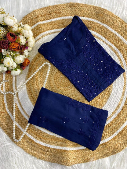 Chikan Salwar Suit Rayon Set: Hand-Embroidered Mukaish, Boho Kurta Pants