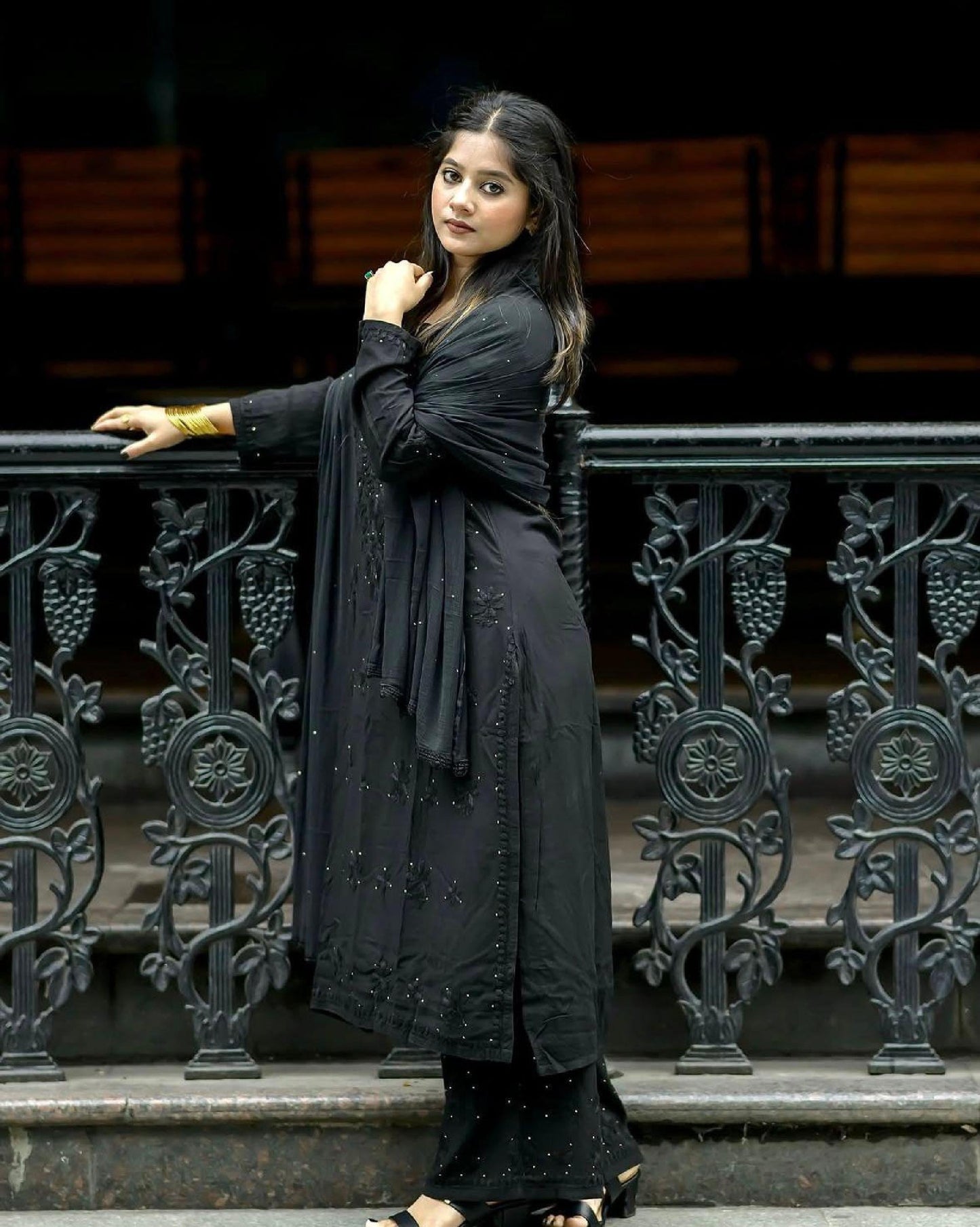 Chikankari 3 Piece Suit Set: Hand Embroidered Rayon Cotton Kurta, Palazzo with Chiffon Dupatta