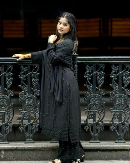Chikankari 3 Piece Suit Set: Hand Embroidered Rayon Cotton Kurta, Palazzo with Chiffon Dupatta