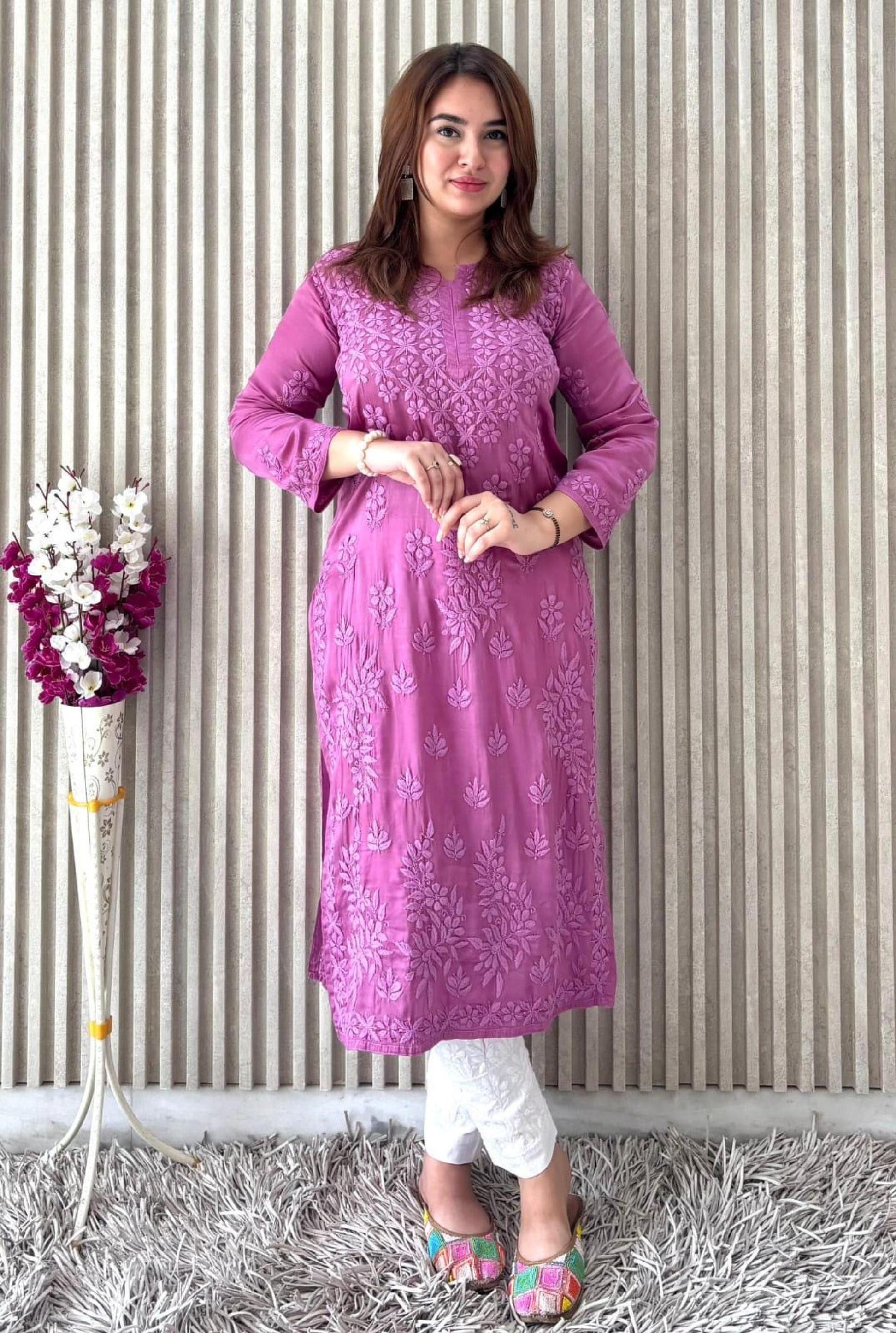 Lucknowi Chikankari Modal Satin Kurti, Heavy Work Designer Tunic, Hand Embroidered Women's Top