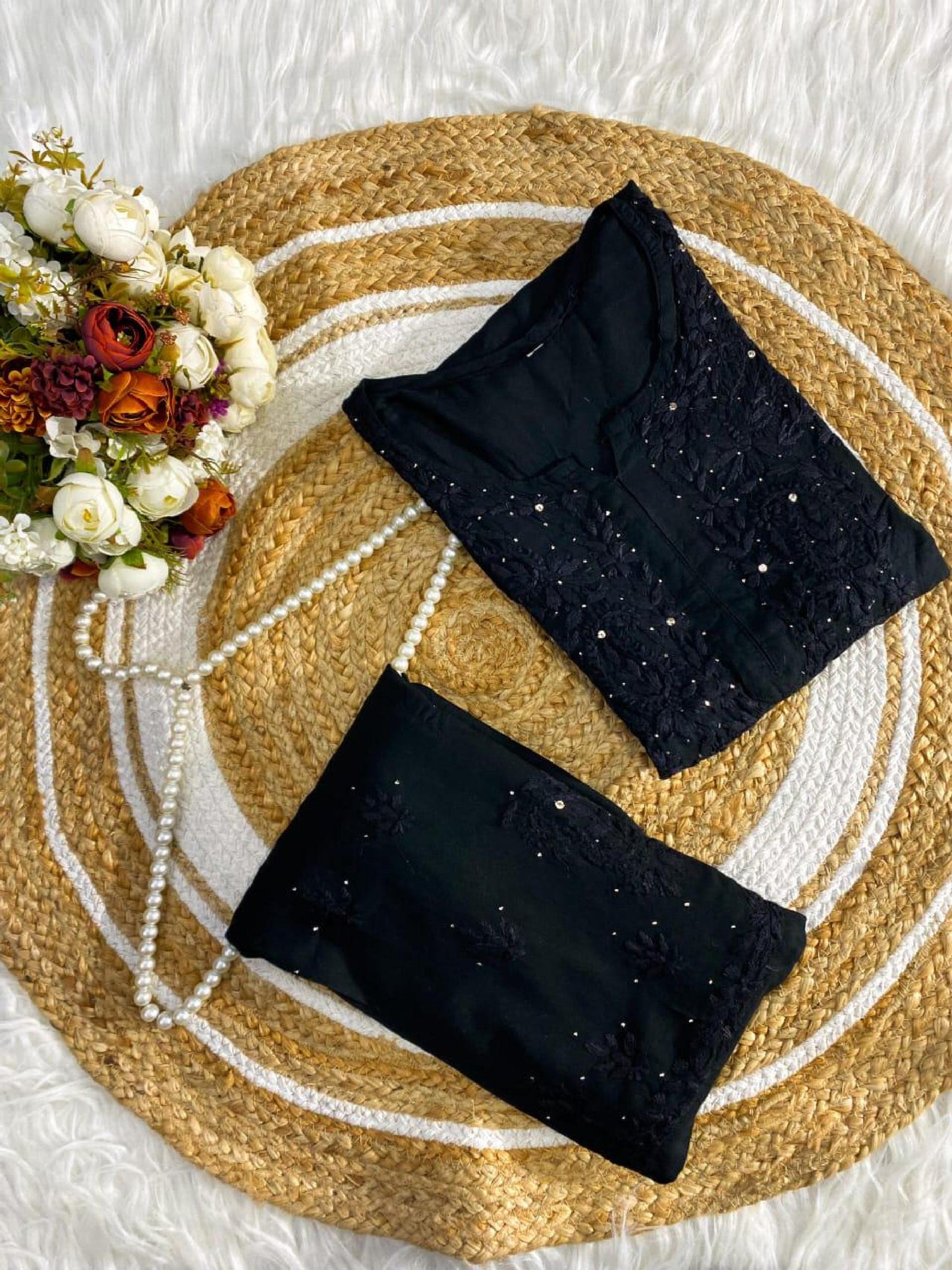 Chikan Salwar Suit Rayon Set: Hand-Embroidered Mukaish, Boho Kurta Pants