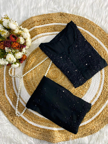 Chikan Salwar Suit Rayon Set: Hand-Embroidered Mukaish, Boho Kurta Pants