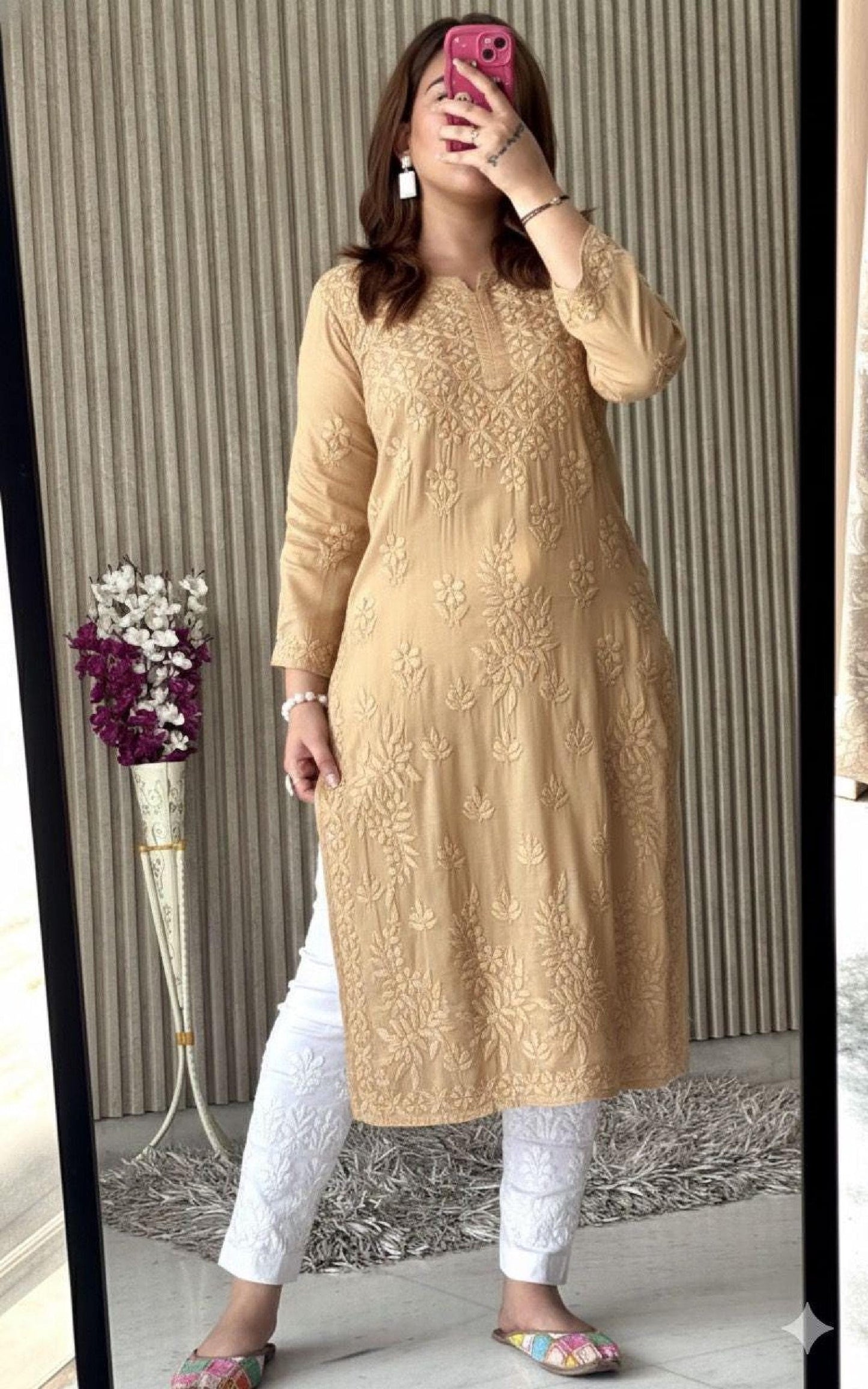 Lucknowi Chikankari Modal Satin Kurti, Heavy Work Designer Tunic, Hand Embroidered Women's Top