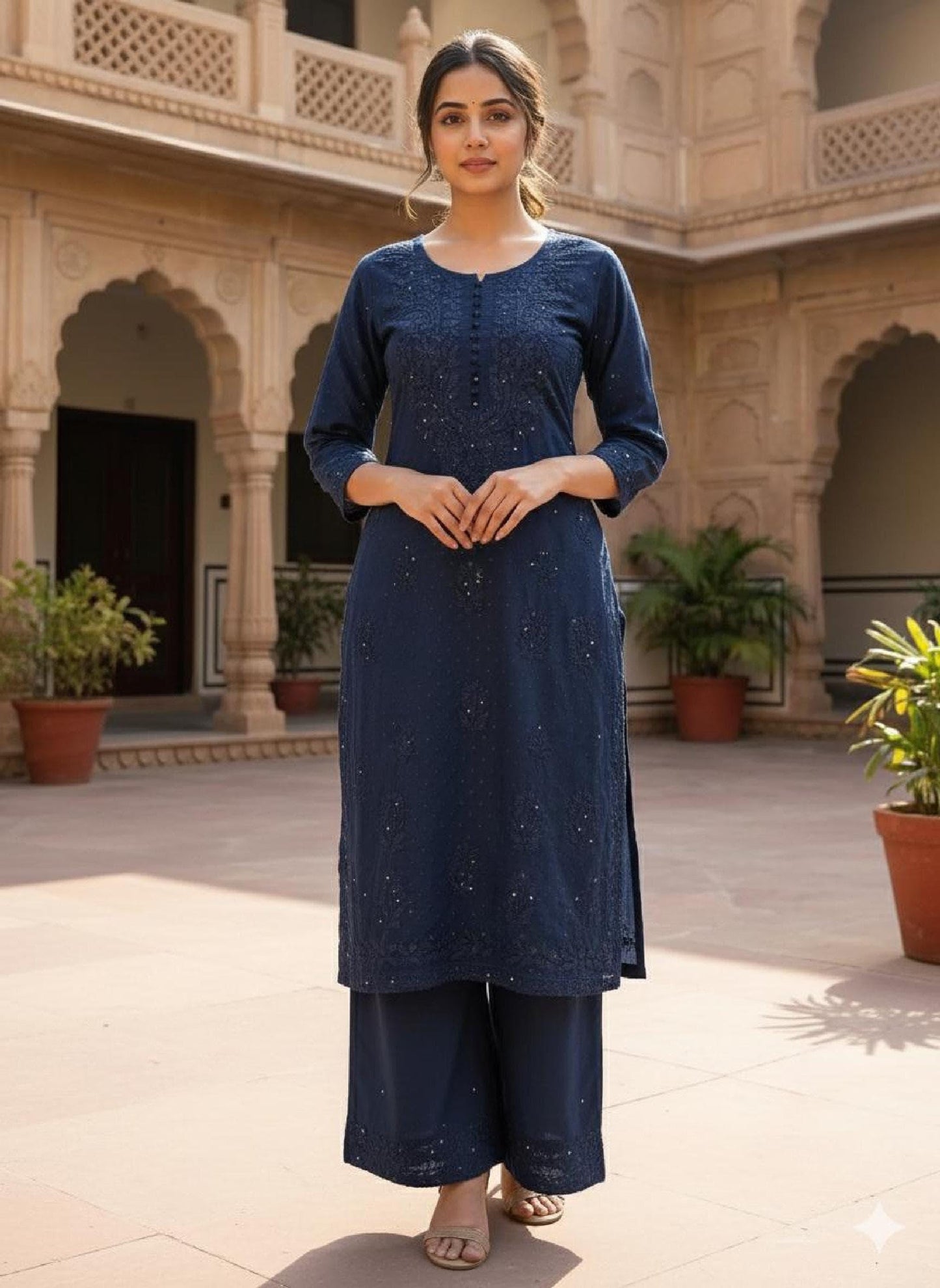 Chikan Salwar Suit Rayon Set: Hand-Embroidered Mukaish, Boho Kurta Pants