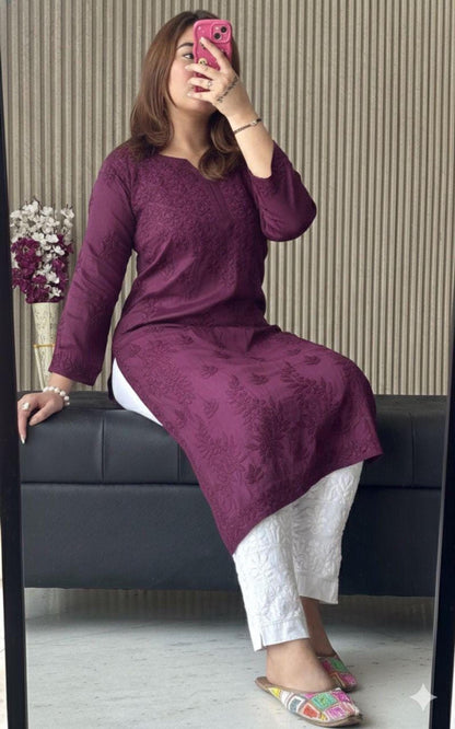 Lucknowi Chikankari Modal Satin Kurti, Heavy Work Designer Tunic, Hand Embroidered Women's Top