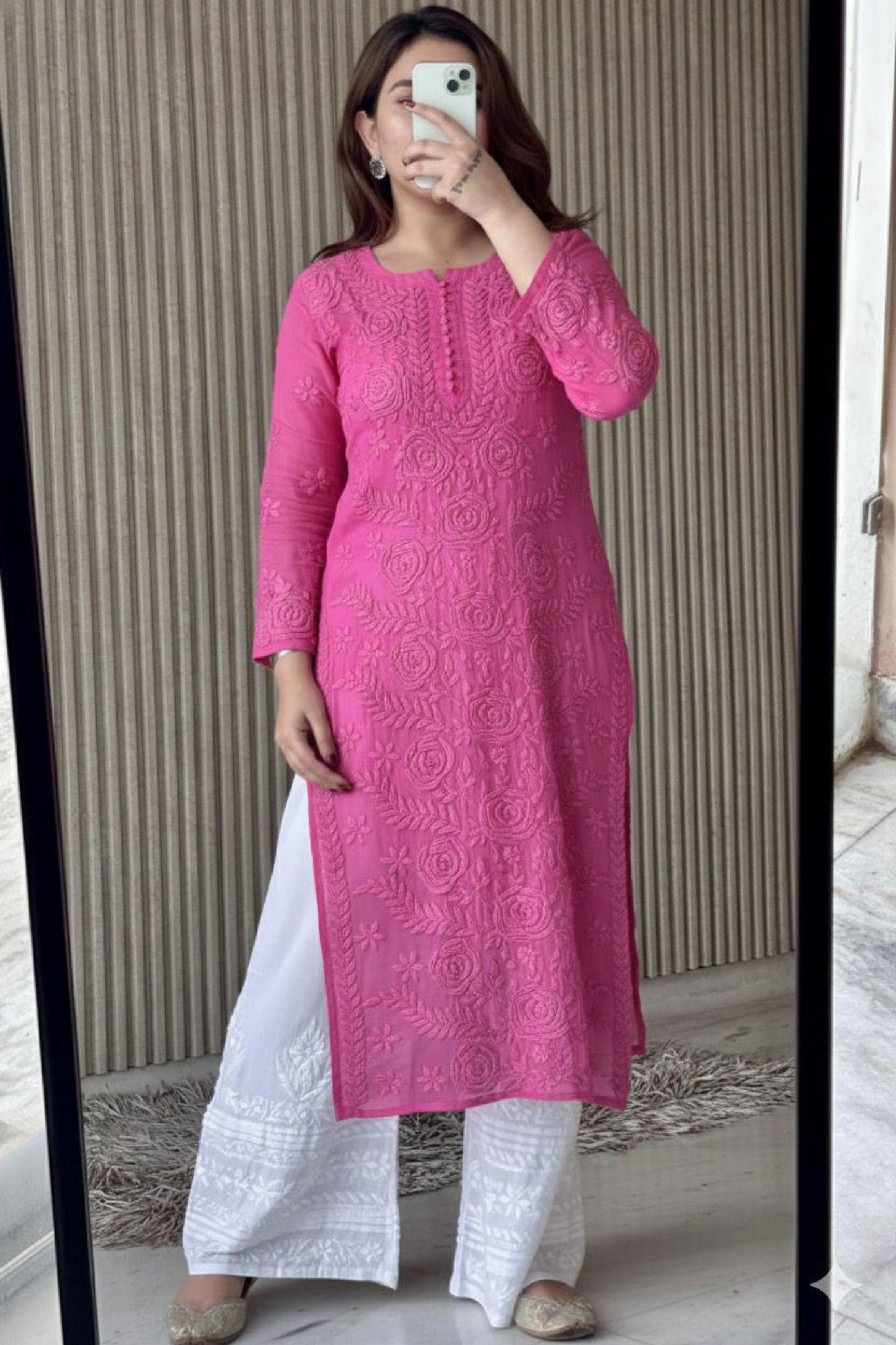 Chikankari Kurti Set Pink: 3D Rose Embroidered Viscose Rayon with Pleated Palazzo Pant