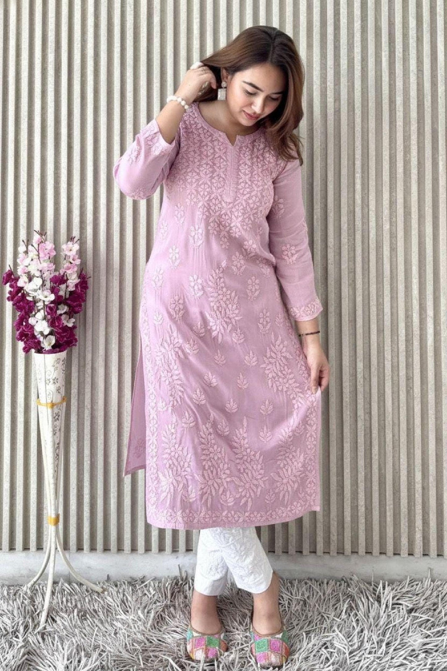 Lucknowi Chikankari Modal Satin Kurti, Heavy Work Designer Tunic, Hand Embroidered Women's Top