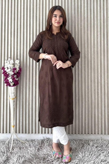 Lucknowi Chikankari Modal Satin Kurti, Heavy Work Designer Tunic, Hand Embroidered Women's Top