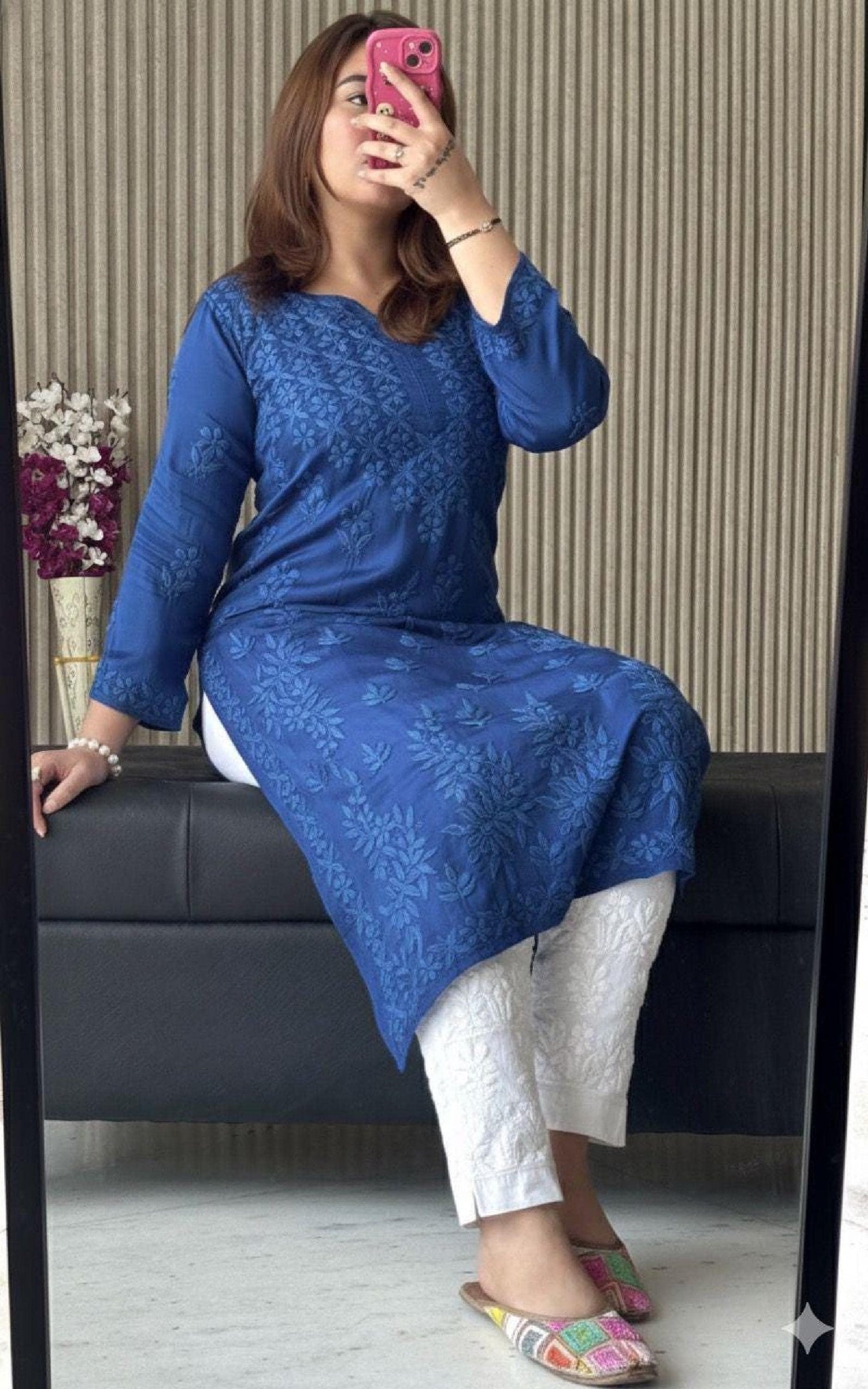 Lucknowi Chikankari Modal Satin Kurti, Heavy Work Designer Tunic, Hand Embroidered Women's Top