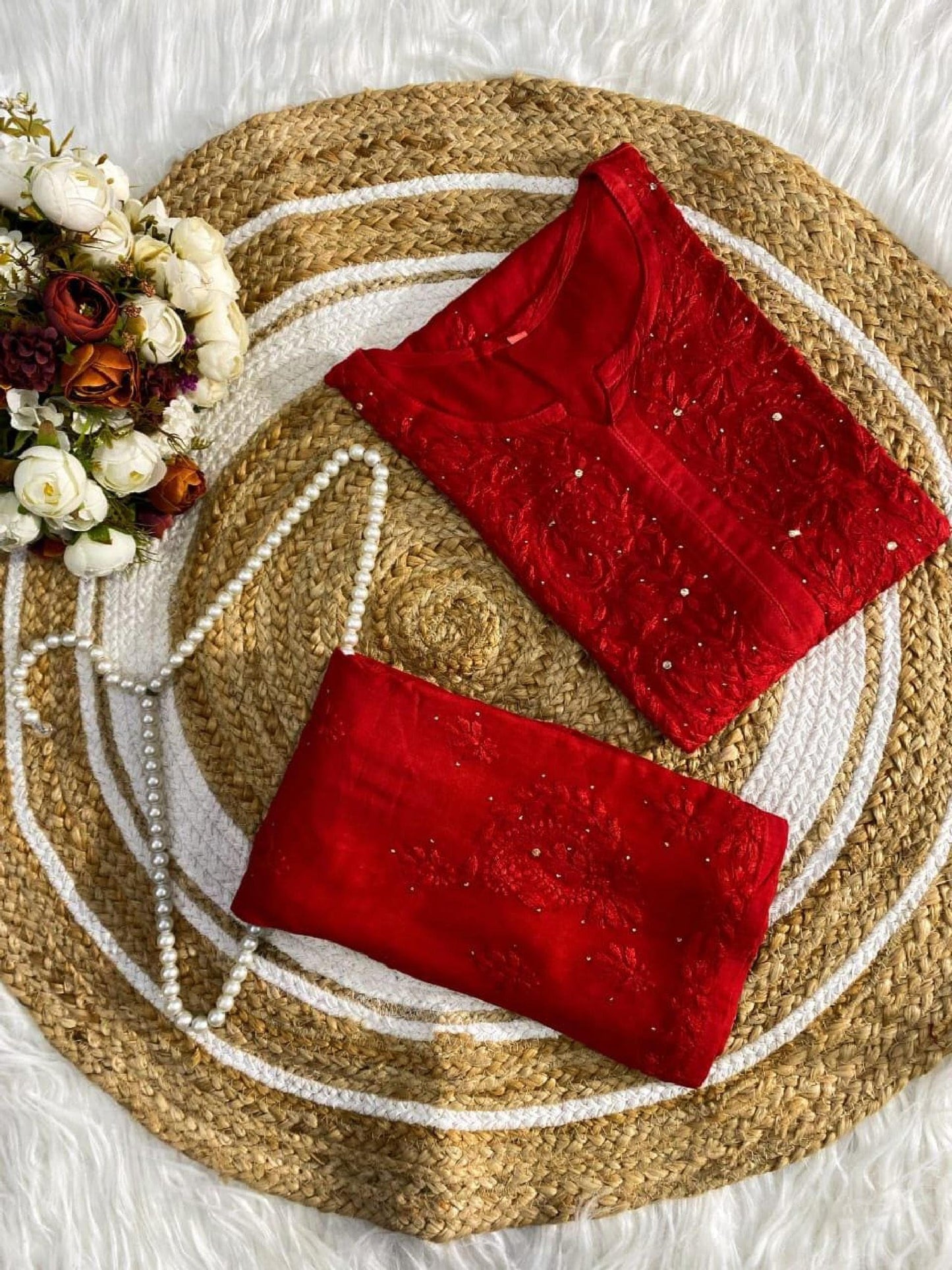 Chikan Salwar Suit Rayon Set: Hand-Embroidered Mukaish, Boho Kurta Pants