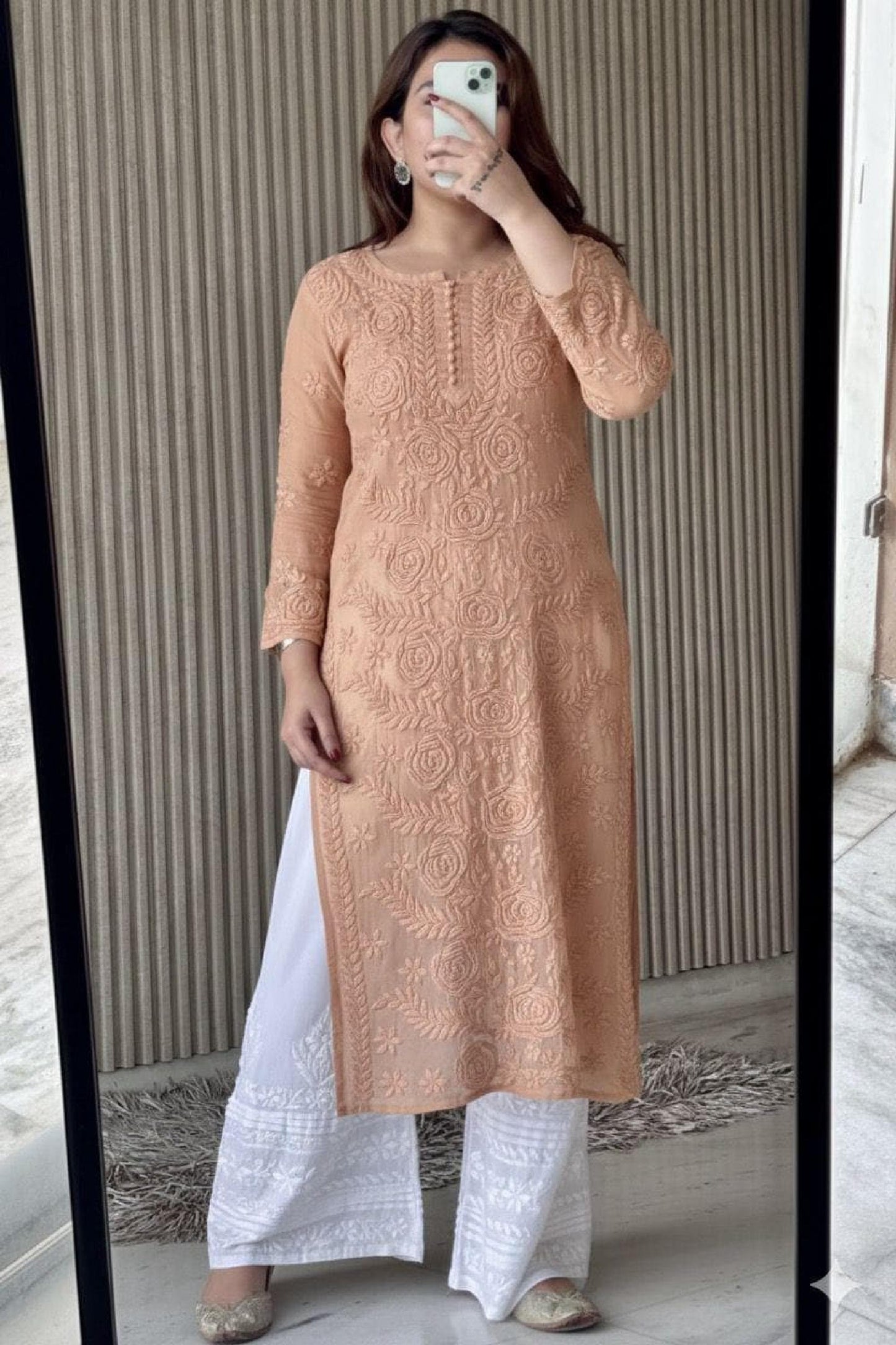 Chikankari Kurti Set Pink: 3D Rose Embroidered Viscose Rayon with Pleated Palazzo Pant