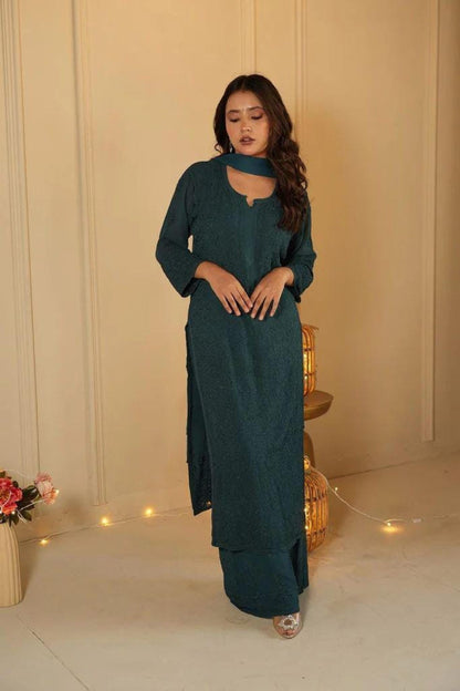 Luxe Viscose Chikankari Set Hand Embroidered, Women's Indian Ethnic Suit, Designer Traditional Apparel Outfit