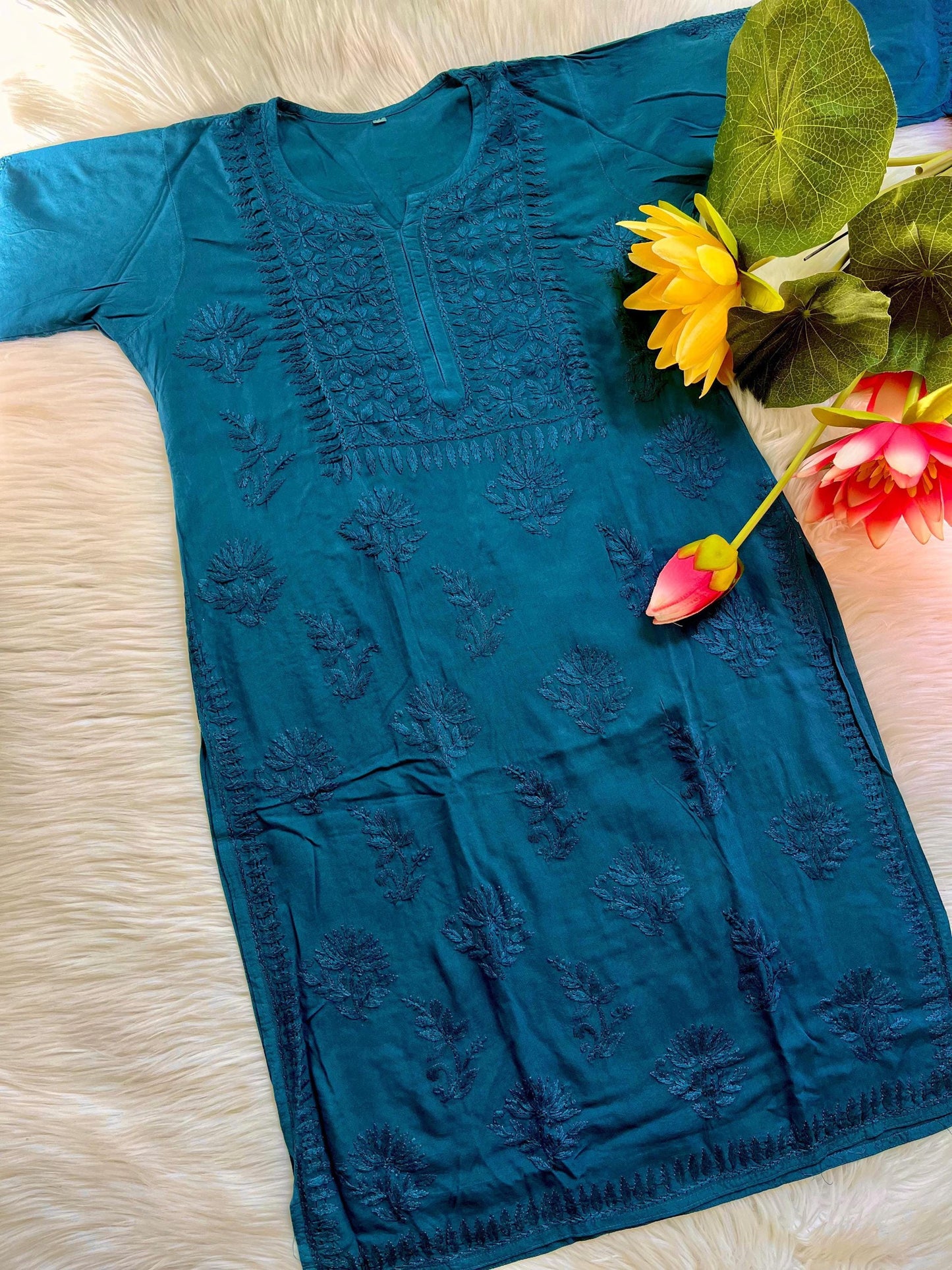 Chikan Kurta Set Rayon Hand-Embroidered 3-Piece Ghaspatti Co-ord for Women, S to 9XL Plus Size