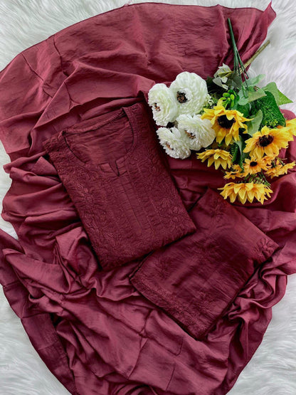 Handmade Chanderi Kurti Palazzo Dupatta Set, Traditional Chikankari Chikan Garments, Ethnic Festive Designer Suit