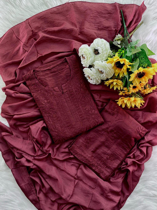 Handmade Chanderi Kurti Palazzo Dupatta Set, Traditional Chikankari Chikan Garments, Ethnic Festive Designer Suit