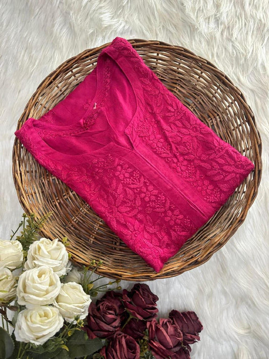 Chikan Kurti Deep Maroon Rayon Top: Ghas Patti Embroidered Straight Fit, Handmade Ethnicwear
