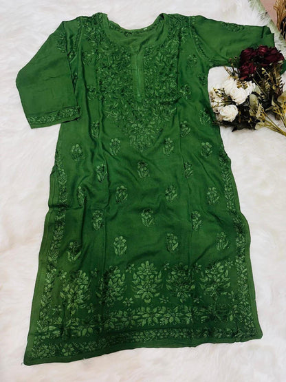 Chikan Kurti Deep Maroon Rayon Top: Ghas Patti Embroidered Straight Fit, Handmade Ethnicwear