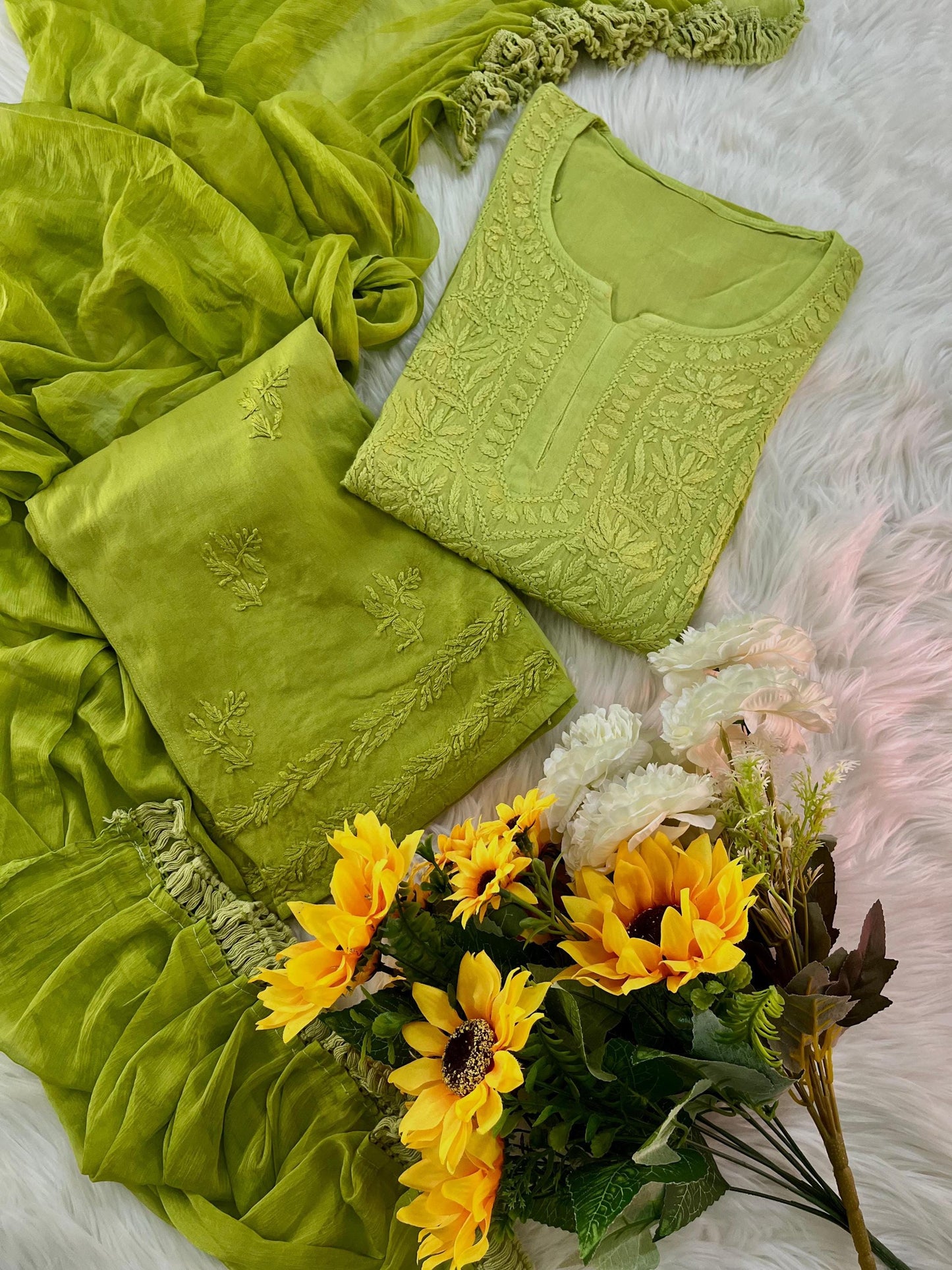 Chikankari Double Shade Kurta Set Olive Rayon Ghaspatti Embroidery with Palazzo and Dupatta