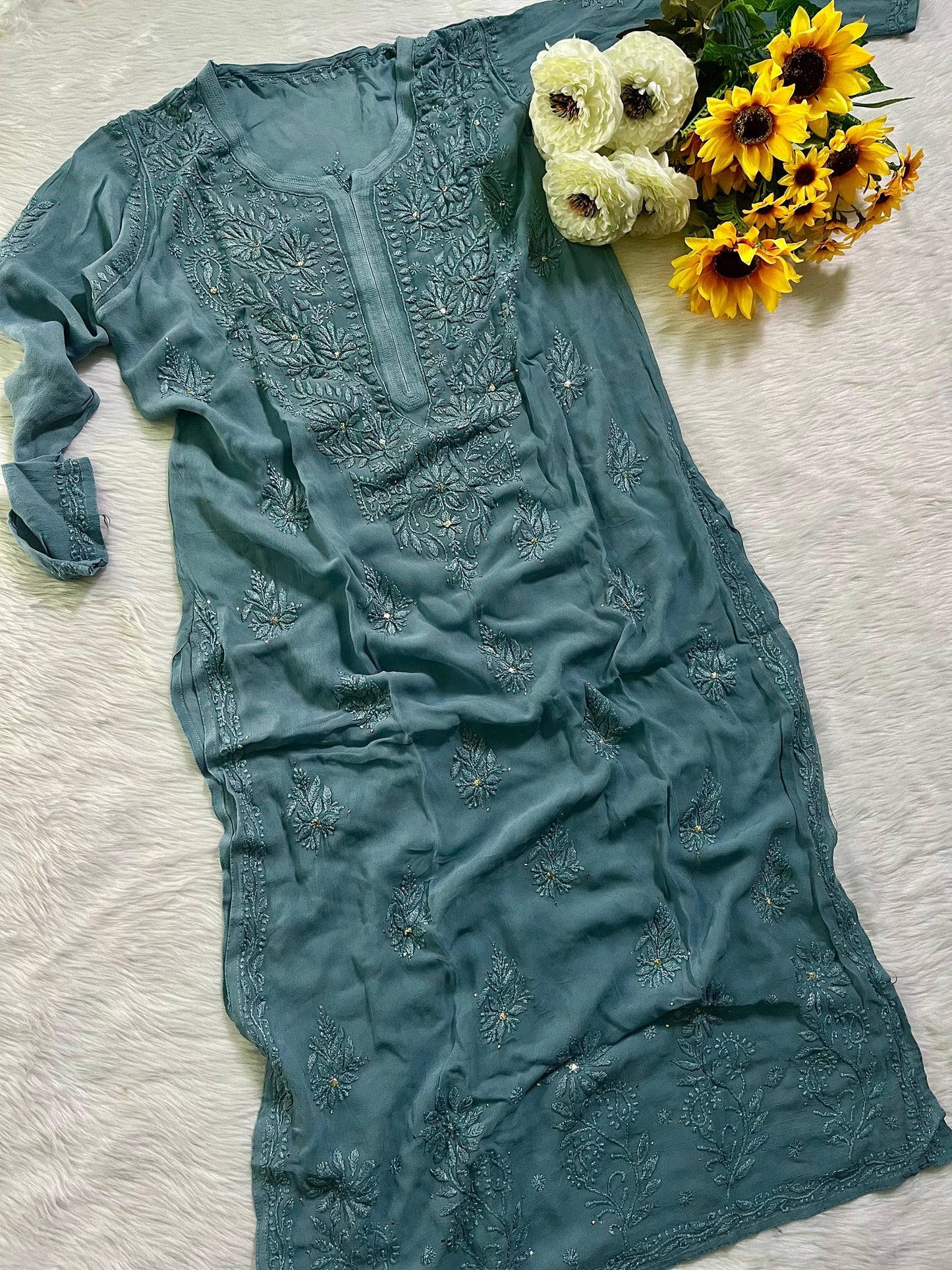 Chikan Kurti Hand Embroidered Viscose Top: Mukaish Work Traditional Indian Wear