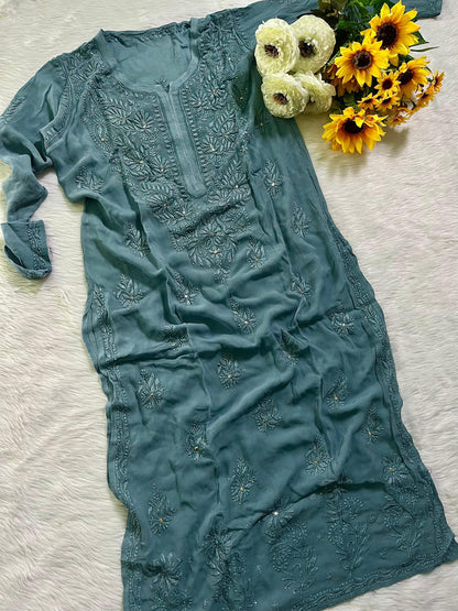 Chikan Kurti Hand Embroidered Viscose Top: Mukaish Work Traditional Indian Wear