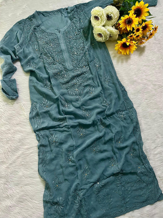 Chikan Kurti Hand Embroidered Viscose Top: Mukaish Work Traditional Indian Wear