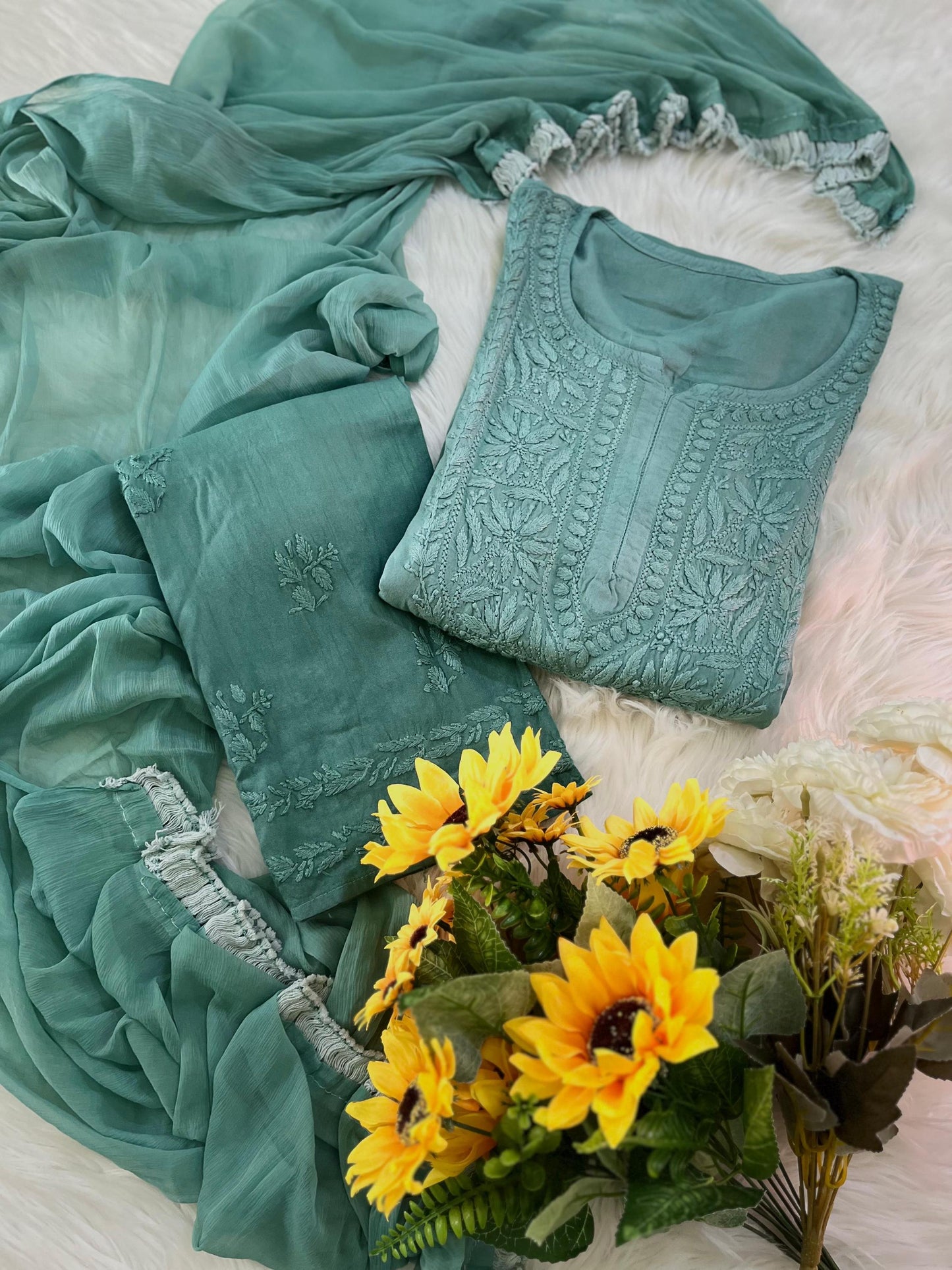 Chikankari Double Shade Kurta Set Olive Rayon Ghaspatti Embroidery with Palazzo and Dupatta