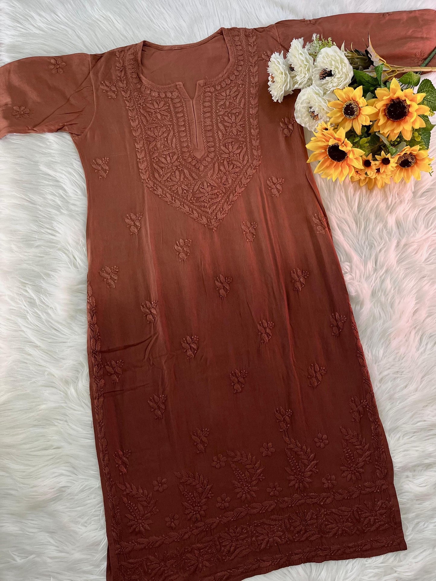 Chikankari Double Shade Kurta Set Olive Rayon Ghaspatti Embroidery with Palazzo and Dupatta