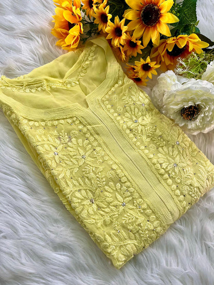 Chikan Kurti Hand Embroidered Viscose Top: Mukaish Work Traditional Indian Wear